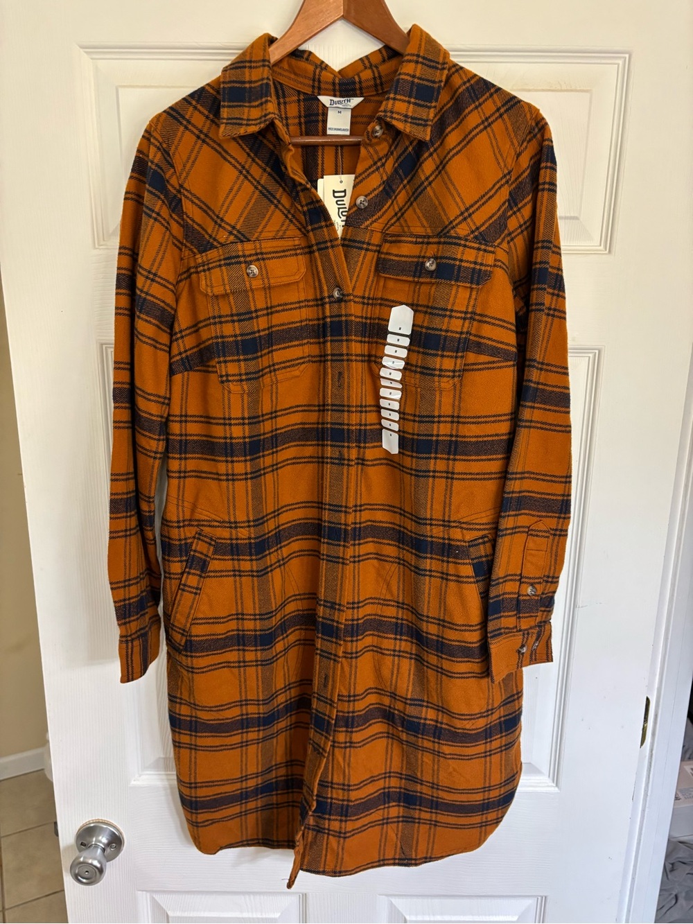 Duluth Trading Co Orange and Navy Plaid Flannel Shirt Dress